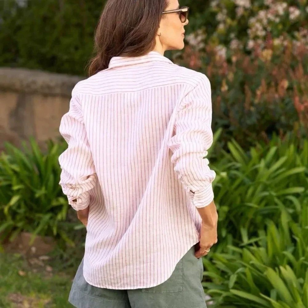 Frank & Eileen Eileen Shirt Women Small Pink White Stripe Linen Coastal Relaxed - Picture 2 of 10